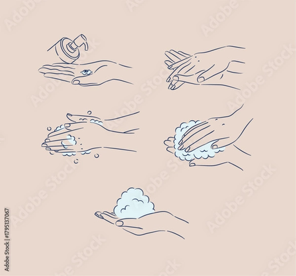 Fototapeta Female hand washing and treatment collection with soap, foam and cream drawing in minimalist style on beige background