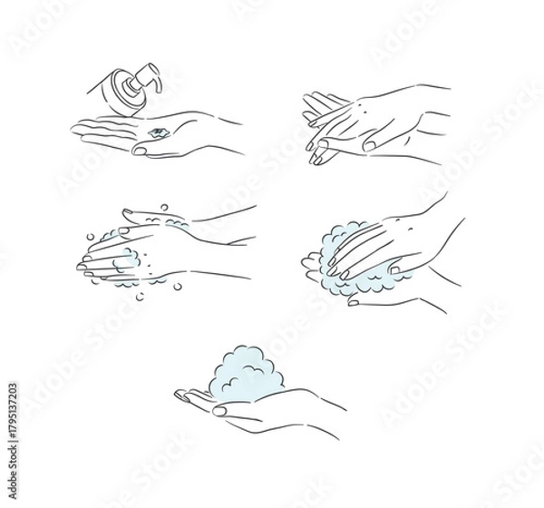 Fototapeta Female hand washing and treatment collection with soap, foam and cream drawing in minimalist style on white background