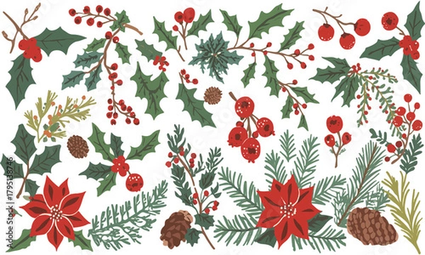 Obraz template of a set of winter botanical silhouettes featuring delicate twigs with tiny buds, clusters of juicy red berries, intricately detailed leaves with png Transparent 