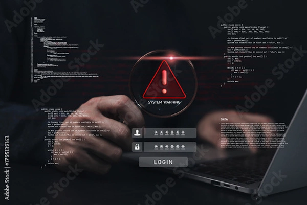 Fototapeta Cyber security system warning alert on laptop screen with login interface and coding background. Concept of hacking data breach, or computer virus protection for digital safety and IT security design.