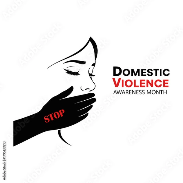 Fototapeta Vector illustration of a woman's face with a hand covering her mouth and the word stop for domestic violence