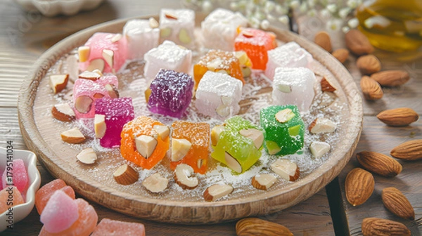 Fototapeta A vibrant combination consisting of Turkish delight, with colorful candies in the middle, surrounded by white chunks, dotted with almonds, placed on a wooden plate, illuminated by natural light with s