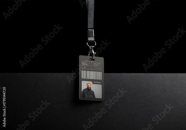Fototapeta ID Card Mockup Template – Realistic Hanging Lanyard Badge for Corporate Branding and Professional Office Presentation