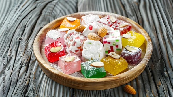 Obraz A vibrant combination consisting of Turkish delight, with colorful candies in the middle, surrounded by white chunks, dotted with almonds, placed on a wooden plate, illuminated by natural light with s