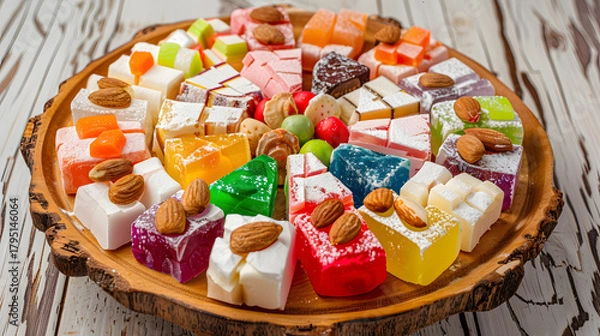 Fototapeta A vibrant combination consisting of Turkish delight, with colorful candies in the middle, surrounded by white chunks, dotted with almonds, placed on a wooden plate, illuminated by natural light with s