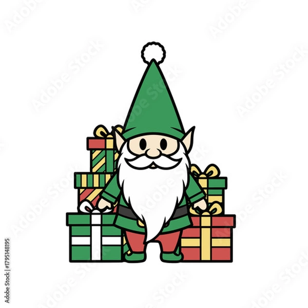 Fototapeta Charming Christmas Elf Icon with a Stack of Wrapped Presents, Festive Holiday Artwork