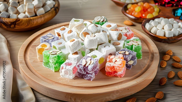 Fototapeta A vibrant combination consisting of Turkish delight, with colorful candies in the middle, surrounded by white chunks, dotted with almonds, placed on a wooden plate, illuminated by natural light with s