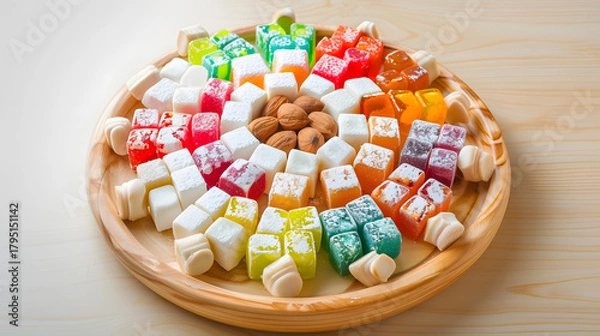 Fototapeta A vibrant combination consisting of Turkish delight, with colorful candies in the middle, surrounded by white chunks, dotted with almonds, placed on a wooden plate, illuminated by natural light with s