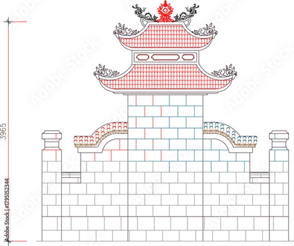 Fototapeta Vector sketch illustration silhouette design image of tomb building with Vietnamese characteristics with classic vintage ethnic traditional details