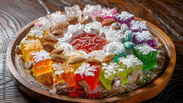 Fototapeta A vibrant combination consisting of Turkish delight, with colorful candies in the middle, surrounded by white chunks, dotted with almonds, placed on a wooden plate, illuminated by natural light with s