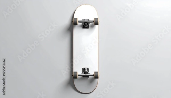 Fototapeta Overhead shot of a skateboard with white deck and black and gold hardware. It is centered, casting a shadow on a light grey background