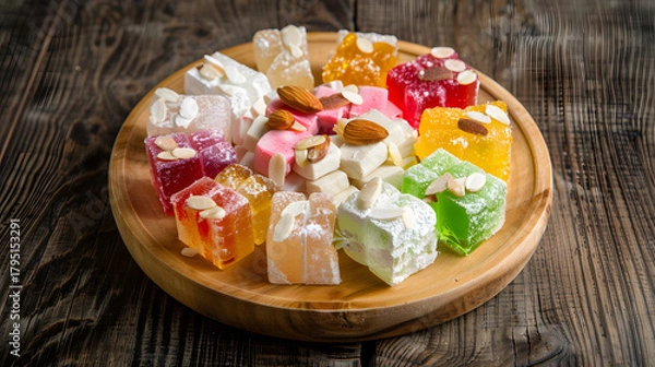 Fototapeta A vibrant combination consisting of Turkish delight, with colorful candies in the middle, surrounded by white chunks, dotted with almonds, placed on a wooden plate, illuminated by natural light with s