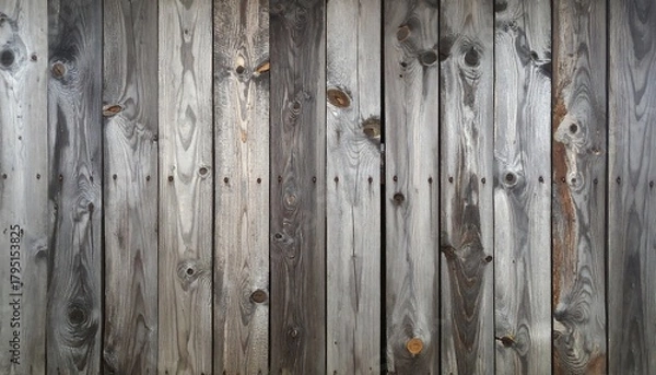 Fototapeta Close-up of vertical, weathered wooden boards of varying shades of gray and brown with visible nail heads