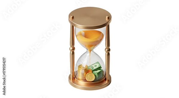 Fototapeta 3d icon of hourglass with sand flowing onto money, concept of time is money