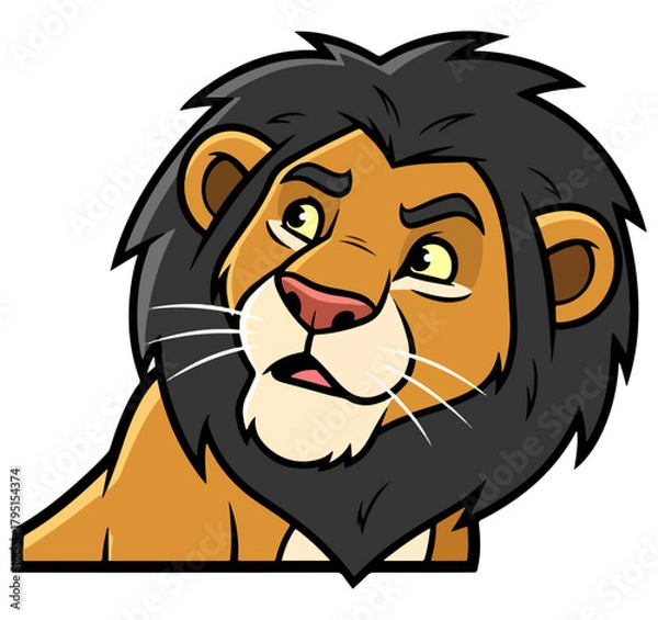 Fototapeta Expressive cartoon lion with a worried or confused look, isolated on white.