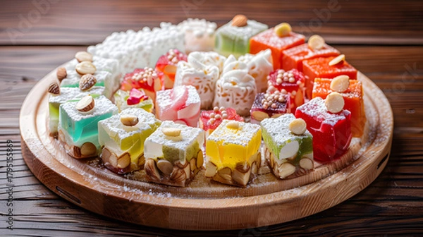 Fototapeta A vibrant combination consisting of Turkish delight, with colorful candies in the middle, surrounded by white chunks, dotted with almonds, placed on a wooden plate, illuminated by natural light with s