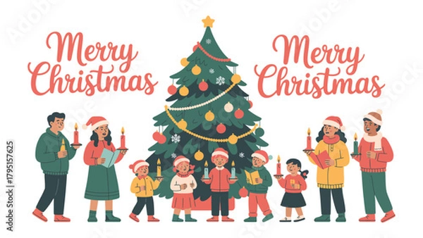 Fototapeta Merry Christmas: A heartwarming scene unfolds as a family gathers around a beautifully adorned Christmas tree, singing carols with candles in their hands.