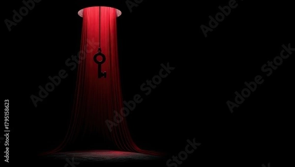 Fototapeta A key hangs suspended in a dark space, illuminated by red fabric