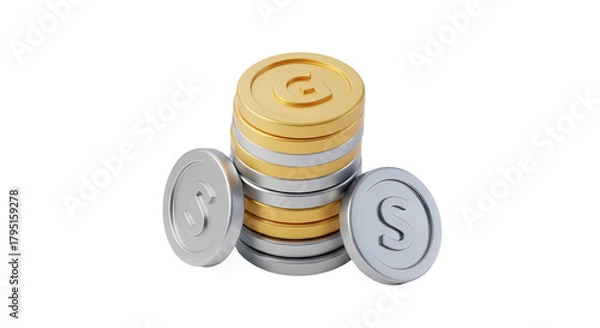 Fototapeta 3d icon of stack of gold and silver coins representing wealth and financial success