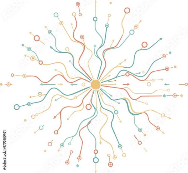 Fototapeta network, radial, connections, nodes, lines, abstract, data, flow, branching, system, visualization, diagram, structure, communication, pathways, colorful, orange, teal, yellow, central hub, connectivi
