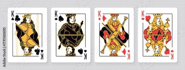 Fototapeta Vector illustration of a set of four King playing cards: Clubs, Diamonds, Hearts, Spades. Elegant and classic design for poker, casino, and entertainment projects.