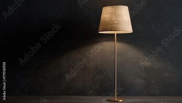 Fototapeta A floor lamp casts a warm glow on a dark wall