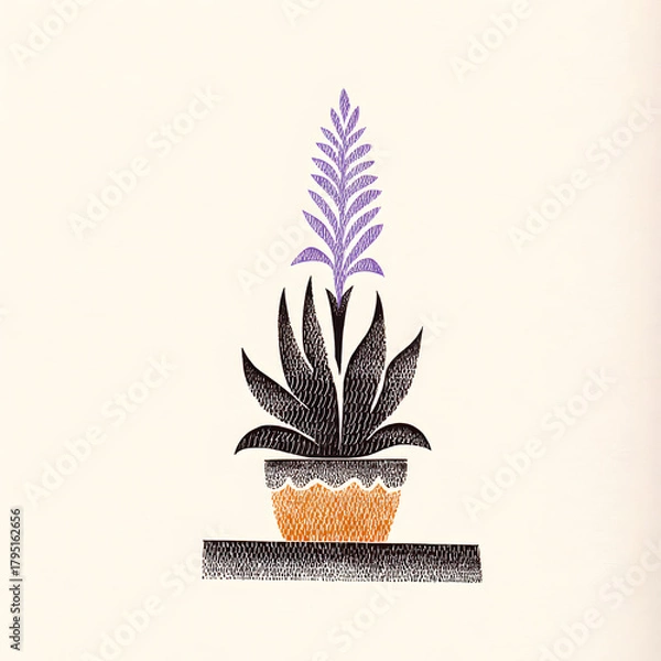 Fototapeta Hand-drawn silhouette of a potted plant with purple flower against a soft background