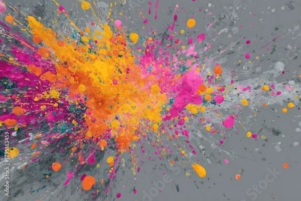 Fototapeta Vibrant paint splatter explosion on a muted gray background