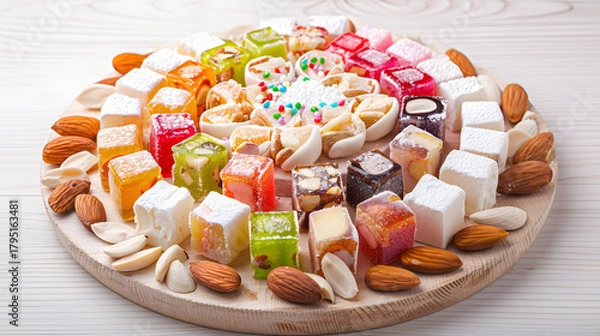 Fototapeta A vibrant combination consisting of Turkish delight, with colorful candies in the middle, surrounded by white chunks, dotted with almonds, placed on a wooden plate, illuminated by natural light with s