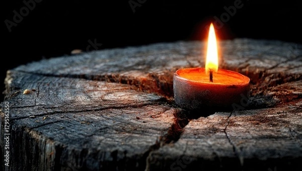 Fototapeta Single candle on a dark wooden stump