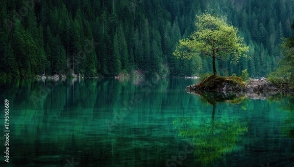Fototapeta Tranquil lake with a lone tree