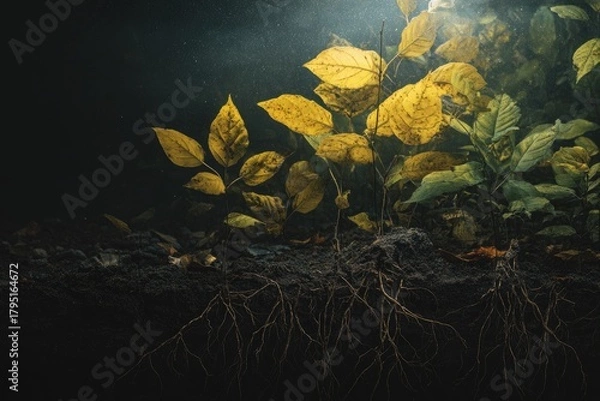 Fototapeta Close-up of growing plants showcasing leaves, roots, and exposed dark earth. Atmospheric lighting