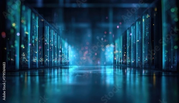 Obraz An illuminated hallway within a data center, rows of servers gleam, capturing a futuristic ambiance