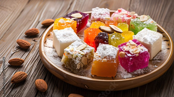 Obraz A vibrant combination consisting of Turkish delight, with colorful candies in the middle, surrounded by white chunks, dotted with almonds, placed on a wooden plate, illuminated by natural light with s