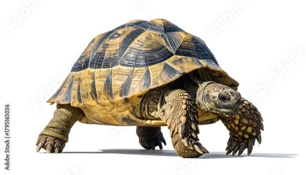 Fototapeta A close-up, studio shot of a tortoise with its shell and textured skin fully visible against a stark white backdrop
