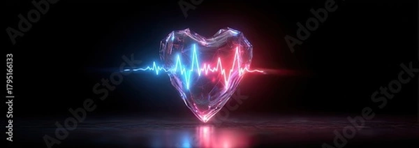 Obraz A glowing heart-shaped object with an illuminated heartbeat in shades of blue and red
