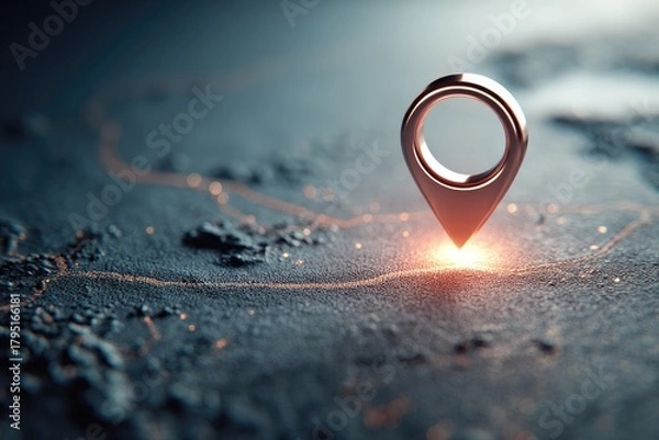 Obraz A shiny metallic location marker sits above a detailed dark map with glowing lines