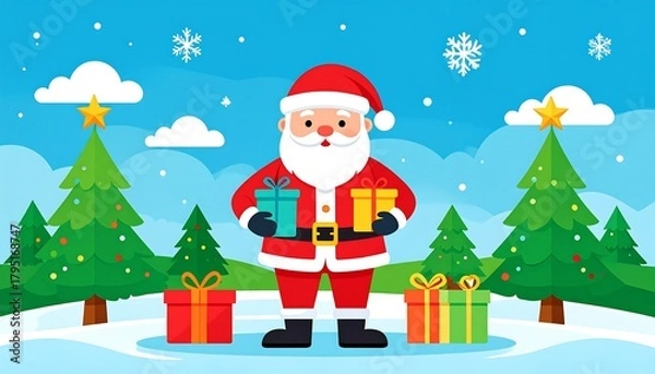 Fototapeta Animated Santa Claus in red suit standing amid snowy landscape with fir trees, gifts, and snowflakes