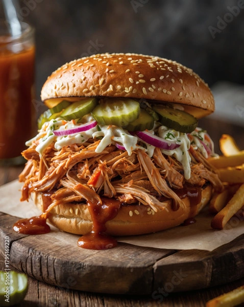 Fototapeta Juicy pulled chicken sandwich topped with fresh veggies and tangy sauce served with crispy fries on a rustic wooden board