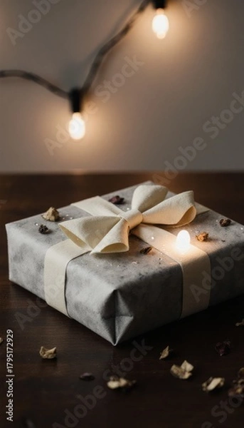 Obraz Cozy gift wrapping with handmade fabric bow, dried lavender, and steaming mug on knitted blanket. Warm festive atmosphere, hygge concept, holiday presents