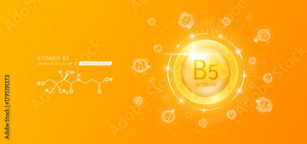 Fototapeta Synthetic natural vitamin B5 in hexagonal dome orange. Surrounded by fruit, vegetable, syringe, pills and IV bag icons. Chemical structure of Pantothenic acid. Medical scientific concepts. Vector.