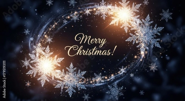 Fototapeta Glowing Christmas wreath with “Merry Christmas!” text on dark background — ideal for holiday, festive and design content.


