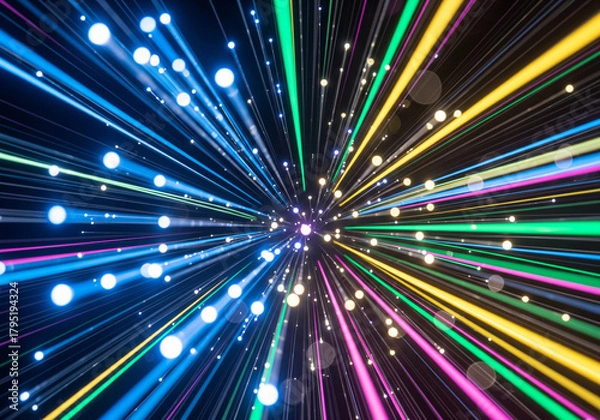 Fototapeta Abstract Light Speed Dynamic Burst of Glowing Rays, Fast Motion Blur with Vibrant Color Streaks and Geometric Light Effect
