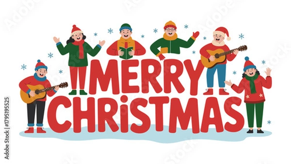 Fototapeta Merry Christmas Illustration: A festive illustration shows a group of carolers joyfully singing in celebration of Christmas, spreading warmth and holiday cheer.