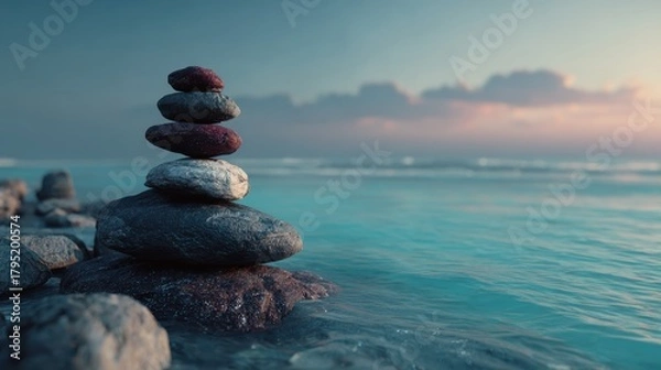 Fototapeta Stacked stones balance on the shore with calm ocean waves at sunset