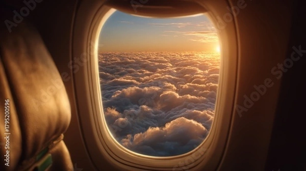 Obraz Beautiful sunset view from airplane window above fluffy clouds during evening flight