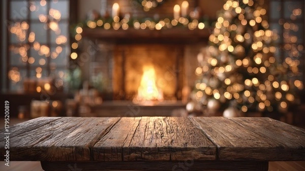 Fototapeta Cozy fireplace scene with a Christmas tree and a rustic wooden table set in a warm living room filled with festive decorations