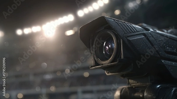 Fototapeta Camera focuses on action during a sports event in a stadium filled with bright lights and excited fans