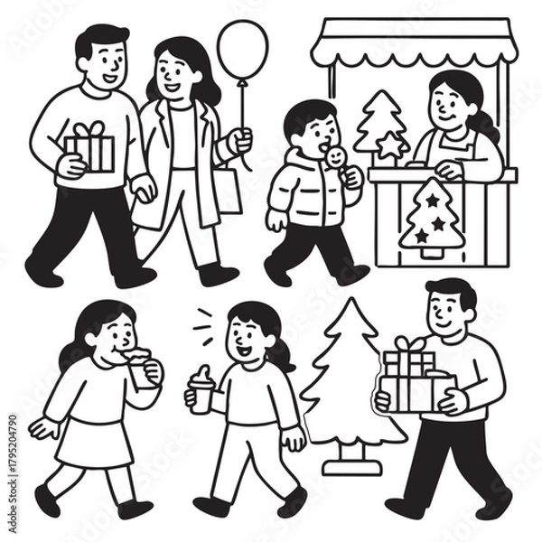 Fototapeta Isolated layered lineart outline of people separated festive market with gifts and tree joyful