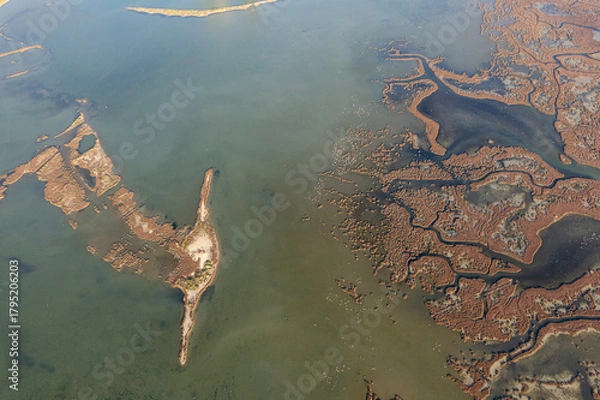 Fototapeta Aerial view of a drying wetland area showing the effects of drought near Izmir, Turkey